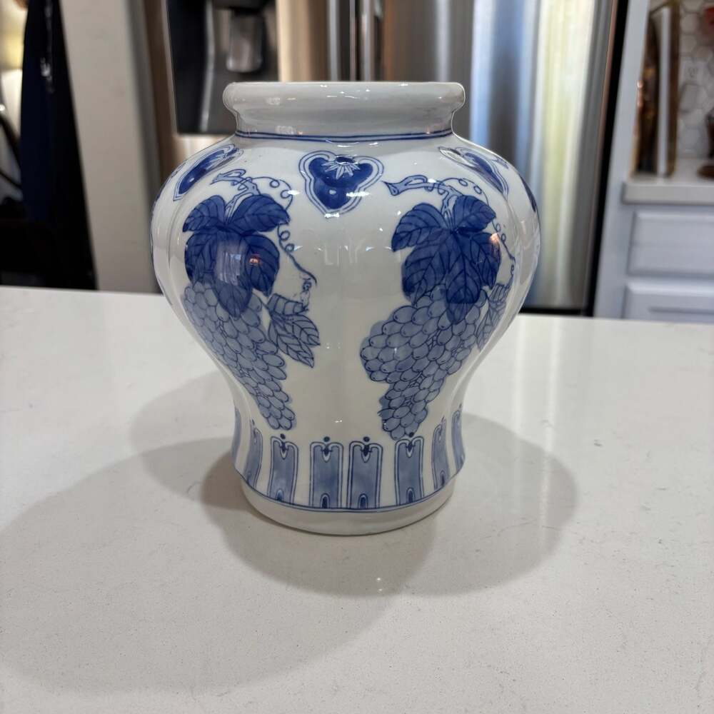 Vintage Blue and White Ceramic Grape Motif Ginger Jar Vase 8 Inch (No Lid)